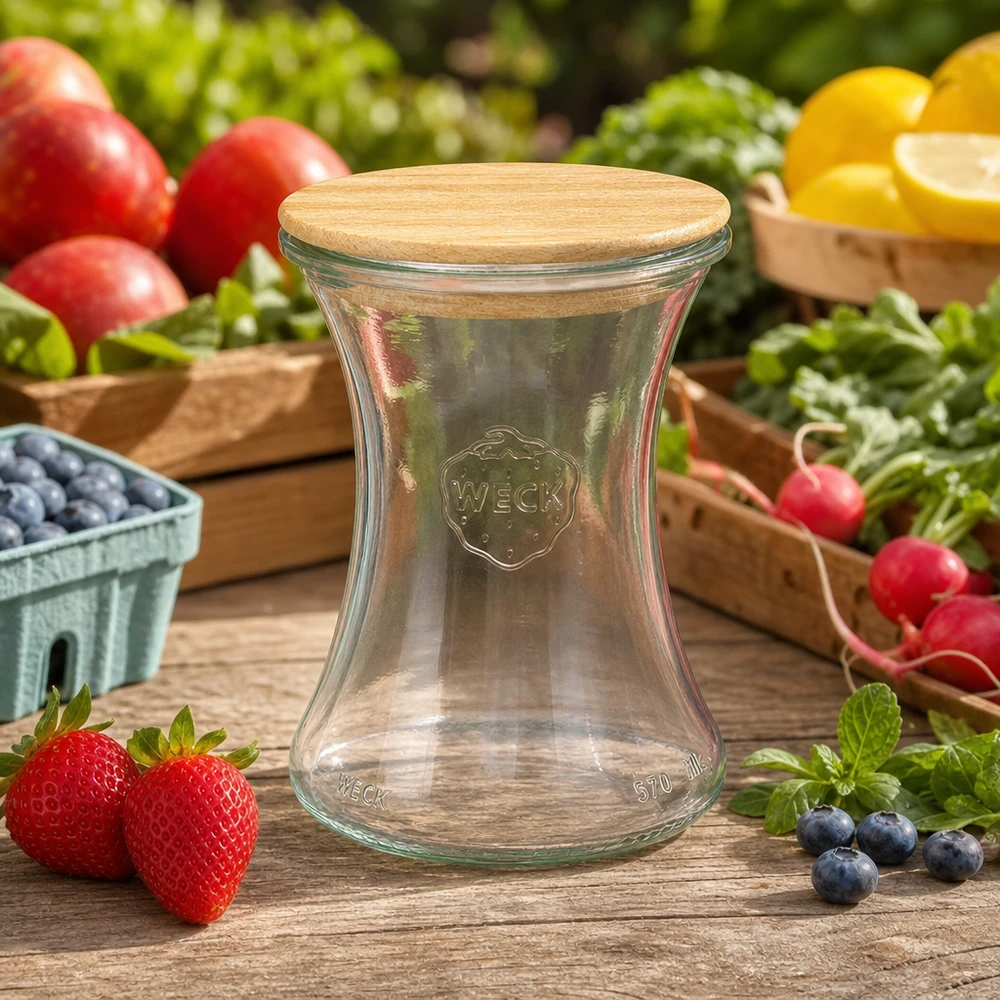 370ml bocal à gourmandises WECK RR80 avec couvercle en bois WECK Pot d'épicerie fine 370ml RR80 avec couvercle en bois sur table en bois entre fraises fraîches myrtilles et légumes