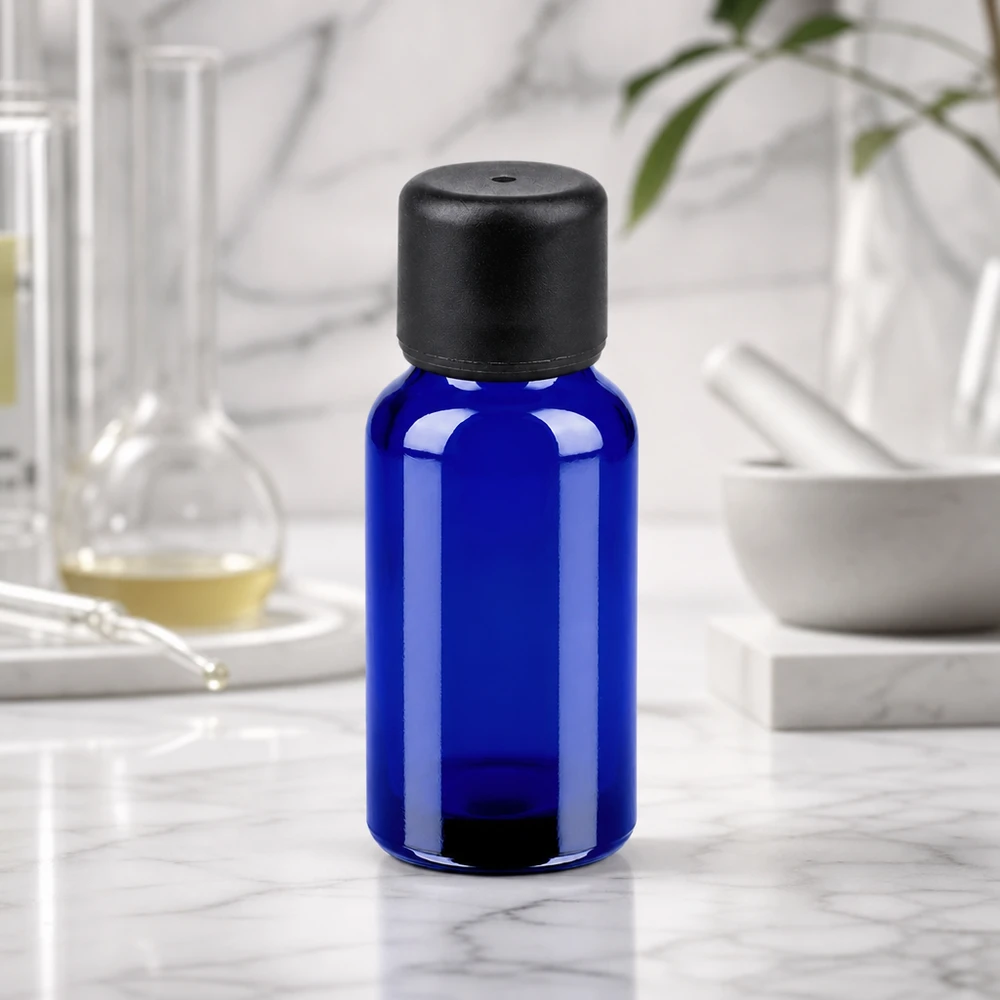 Flacon 20ml 6mm SV noir STD BlueLine UT18/20 Flacon pratique en verre violet de 20 ml avec bouchon SV noir, idéal pour les voyages et les déplacements