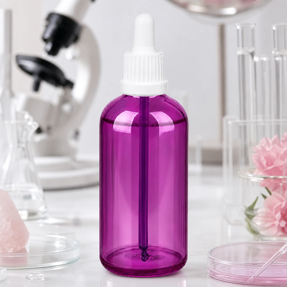 Flacon pipette 100ml blanc originalité bouchon à vis PurpleLine UT18/100 Flacon à pipette professionnel 100ml violet transparent idéal pour l'aromathérapie et le bien-être