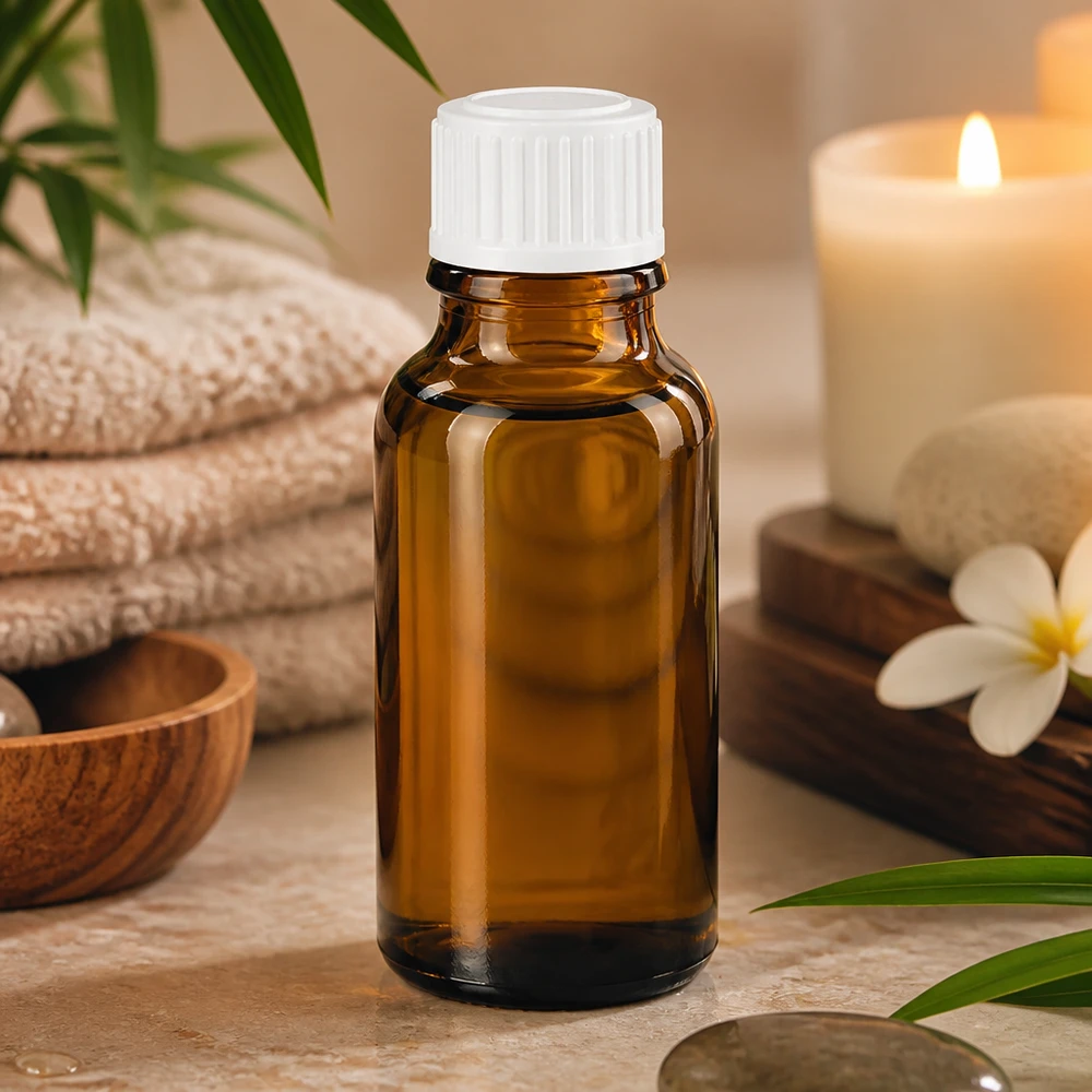 Flacon à pharmacie marron 20ml bouchon vissable blanc std Flacon en verre ambré de 20 ml, SV STD blanc 11 mm, dans un décor de spa avec des serviettes et des pierres de bien-être