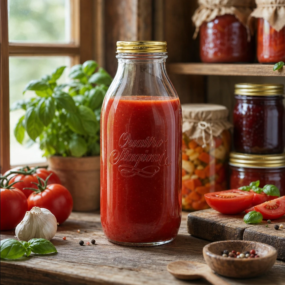 Bouteille en verre 1000ml « Quattro Stagioni » avec couvercle Quattro Stagioni 1000ml Bouteille en verre remplie de sauce tomate dans une cuisine rustique avec des tomates fraîches et des herbes aromatiques