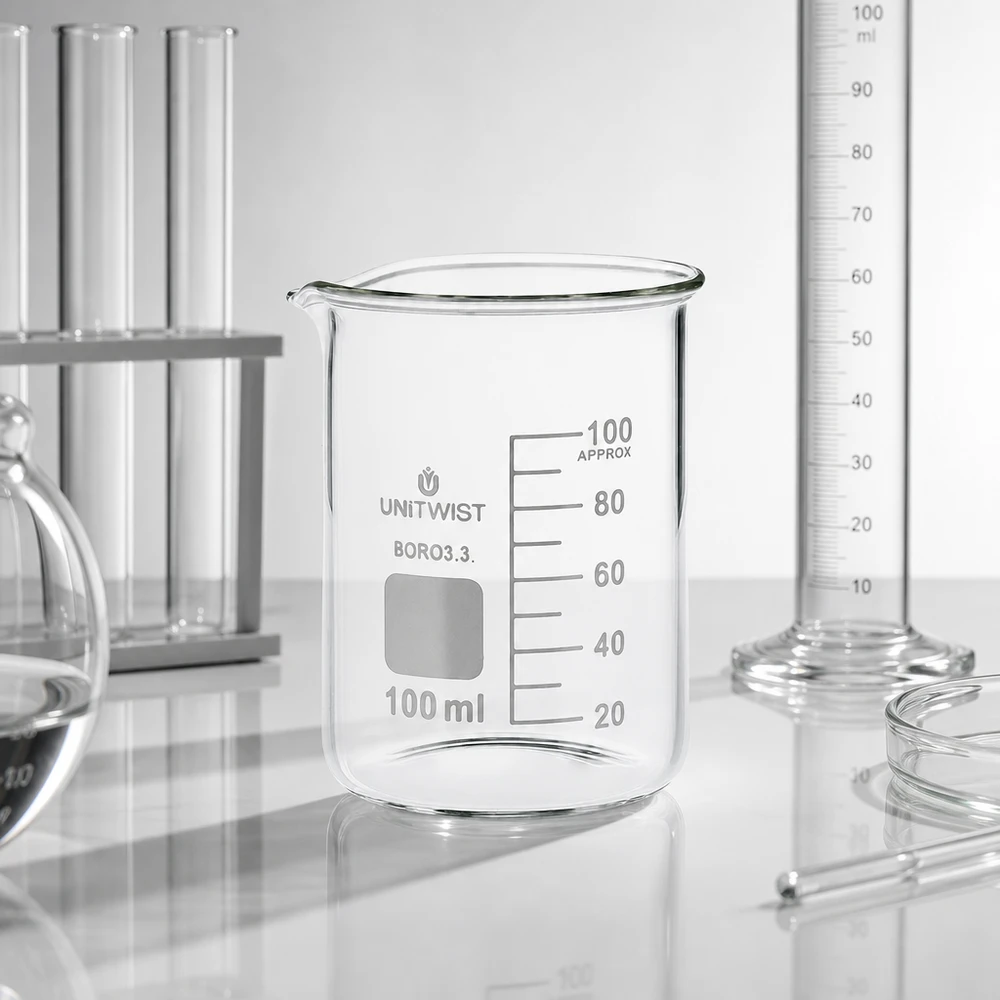 Bécher 100ml borosilicate, forme basse UNiTWIST Bécher de 100 ml, de forme basse, en verre borosilicaté 3.3 résistant à la chaleur, destiné aux analyses chimiques