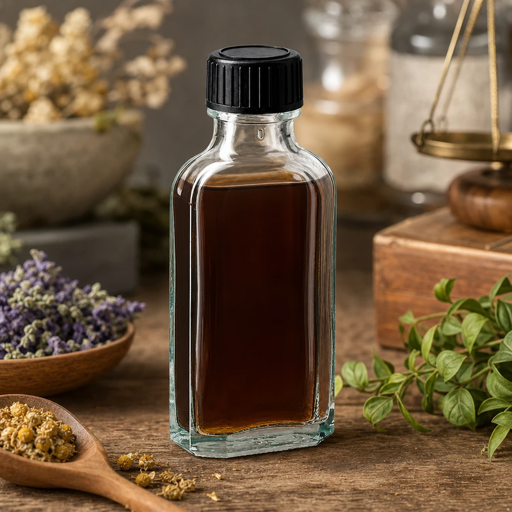 Flasque transparente de 50 ml au goulot DIN 22, avec bouchon à vis DIN 22 noir et joint LKD Flacon Meplat de 50 ml pour extraits de plantes, avec un contenu brun et un bouchon à vis noir