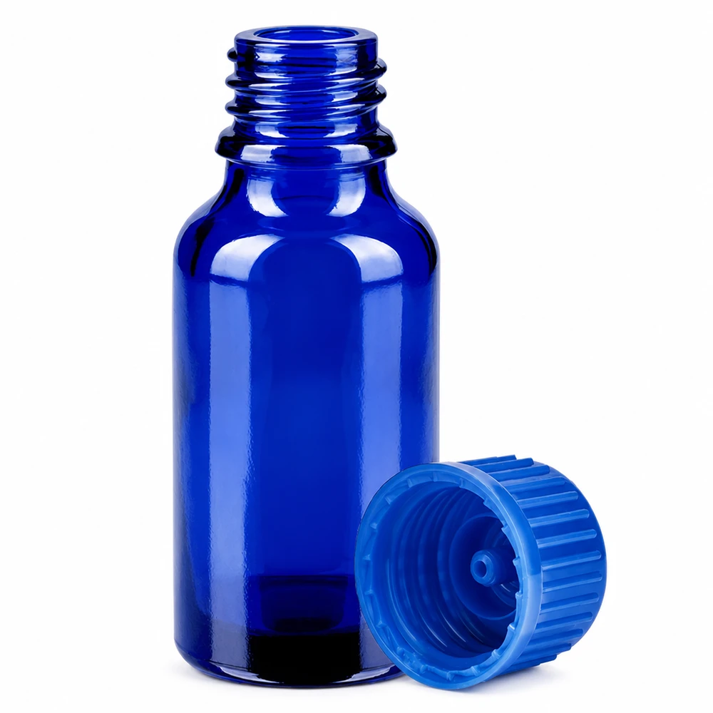 Flacon 20ml 11mm SV bleu STD BlueLine UT18/20 Petit flacon de laboratoire de 20 ml en verre bleu avec fermeture de sécurité pour les enfants pour l'aromathérapie