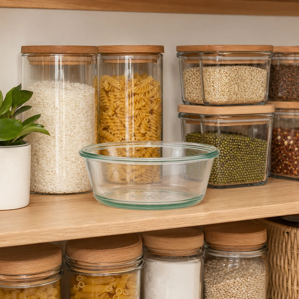 WECK Verre à gourmet 300ml RR120 dans une scène organisée d'armoire à provisions avec des bocaux à provisions et des épices montre un rangement pratique.