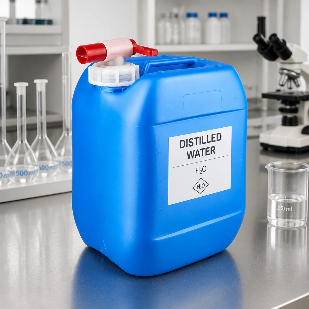 Récipient portable bleu de 10 litres pour liquides, muni d'un robinet pratique, posé sur une table en acier inoxydable