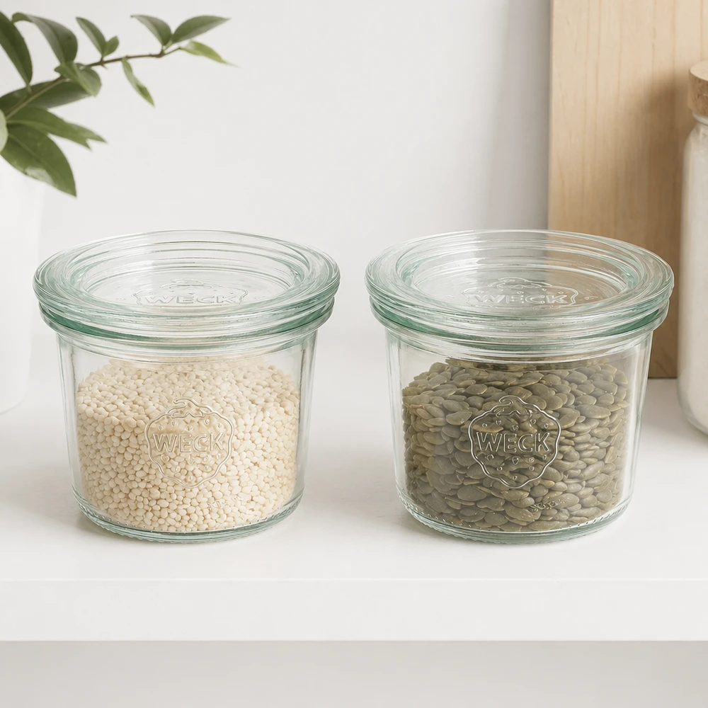 WECK Pot renversé 80ml RR60 rempli de lentilles et de riz montre une conservation pratique des légumineuses et des céréales