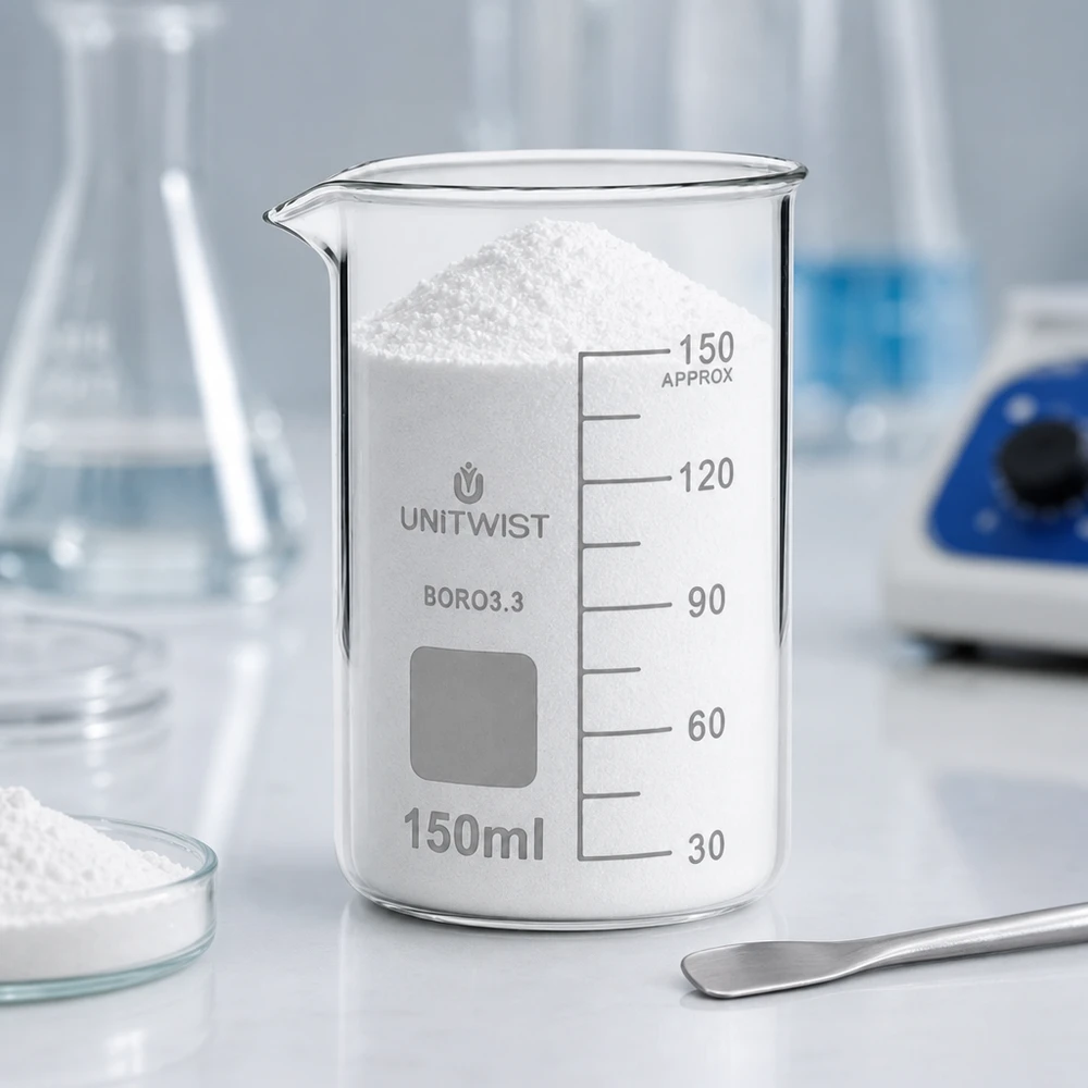 Bécher 150ml borosilicate, forme haute UNITWIST Photo de laboratoire : bécher UNITWIST de 150 ml, forme haute, en verre borosilicaté, à côté d'une boîte de Pétri contenant une poudre blanche