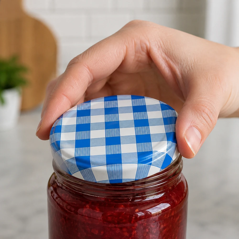 Un couvercle de conserve BasicSeal TO82 à motif vichy est posé sur un bocal à confiture