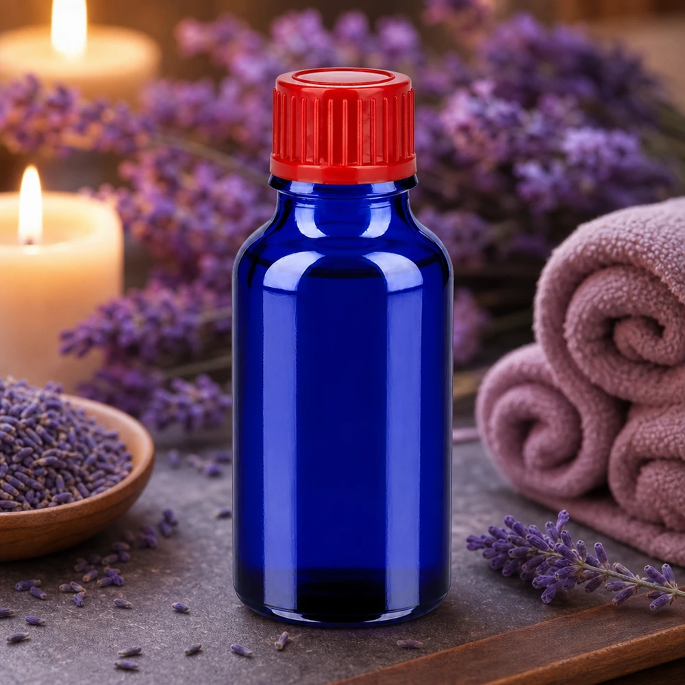 Flacon 20ml 11mm SV rouge STD BlueLine UT18/20 Bouteille en verre bleu premium de 20 ml avec protection UV et bouchon rouge pour les substances sensibles à la lumière