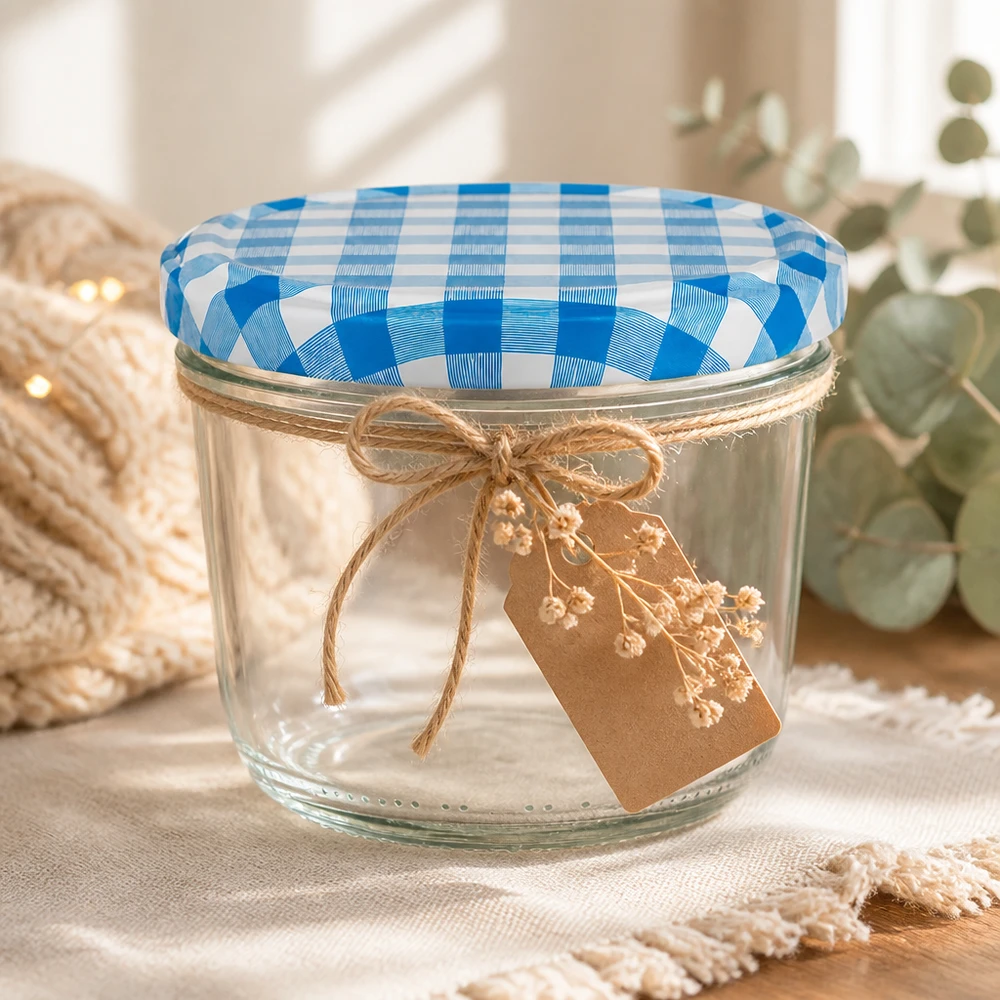 Verre renversé de 230 ml avec couvercle BasicSeal bleu et blanc, décoré d'une corde de jute et d'un pendentif en papier kraft pour un emballage cadeau.