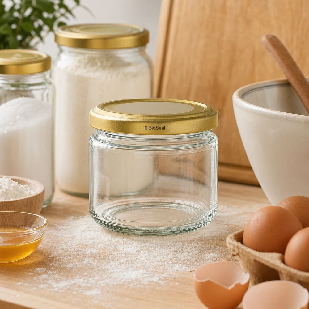 330ml Verre rond avec couvercle BioSeal or UNiTWIST Verre UniTWIST Runda330 avec couvercle TO82 BioSeal Gold dans une cuisine moderne entre les ingrédients de cuisson et les ustensiles de cuisine