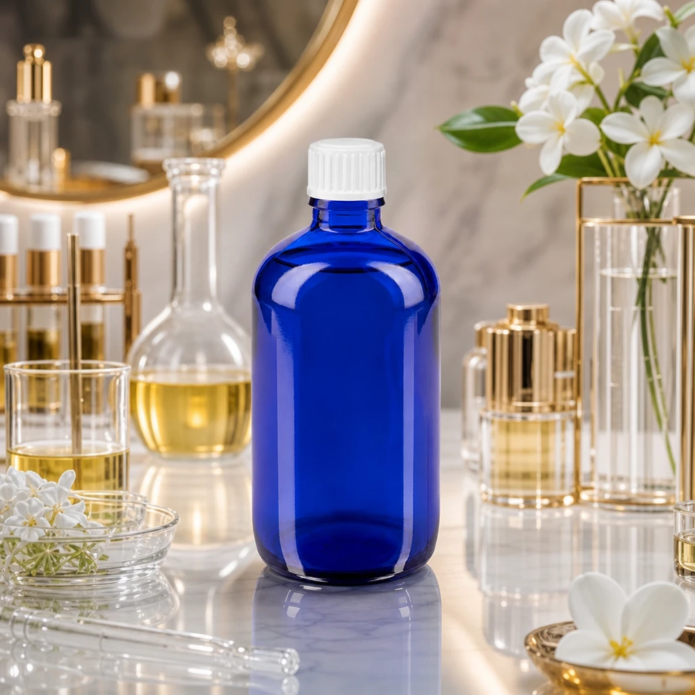 Petite bouteille en verre bleue de 100 ml avec bouchon de sécurité pour enfants, posée sur une surface en marbre
