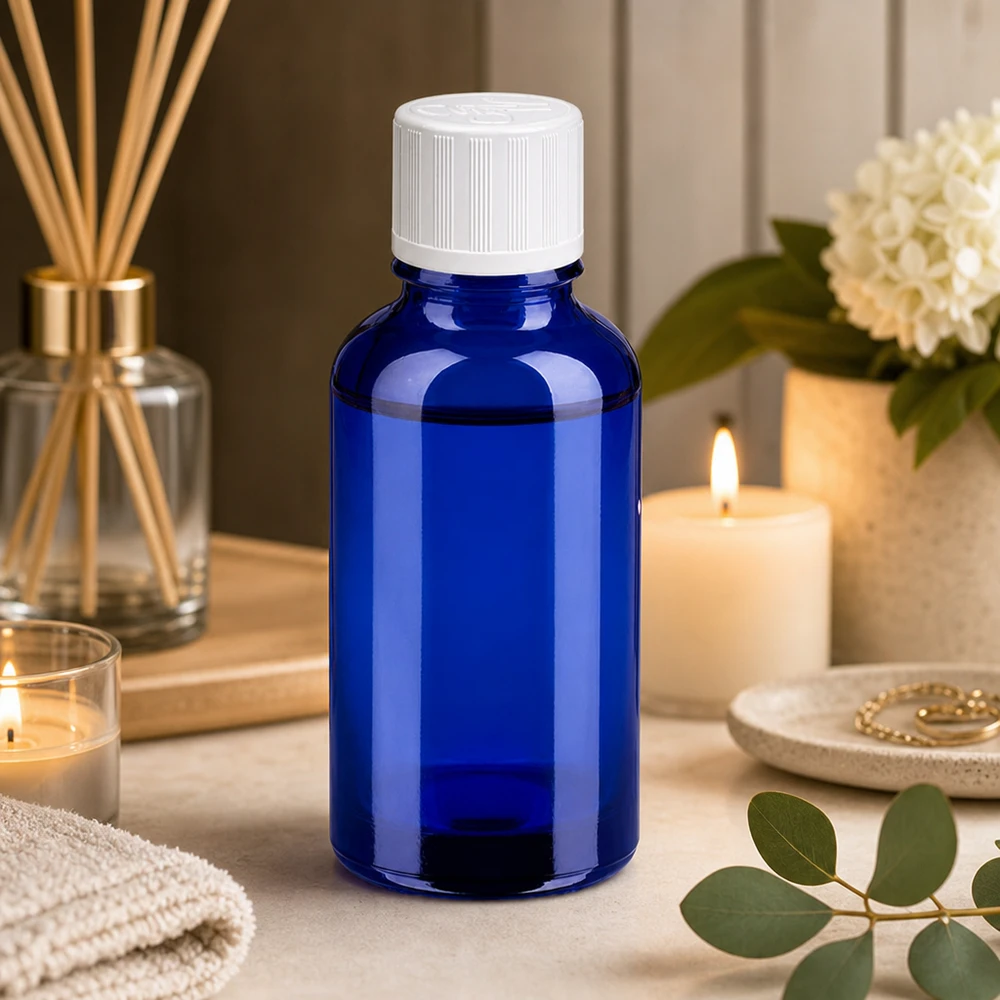 Flacon 30ml 11mm SV w. STD KiSi BlueLine UT18/30 Bouteille d'aromathérapie de 30 ml en verre au cobalt anti-UV avec fermeture de sécurité pour les enfants