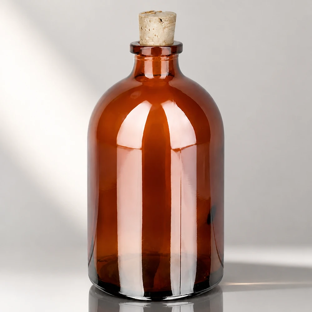 Flacon en verre ambré 100 ml avec bouchon de liège 11/14 mm Klassische Medizinflasche 100ml in Braunglas mit zylindrischem Korpus und Naturkorken 11/14mm