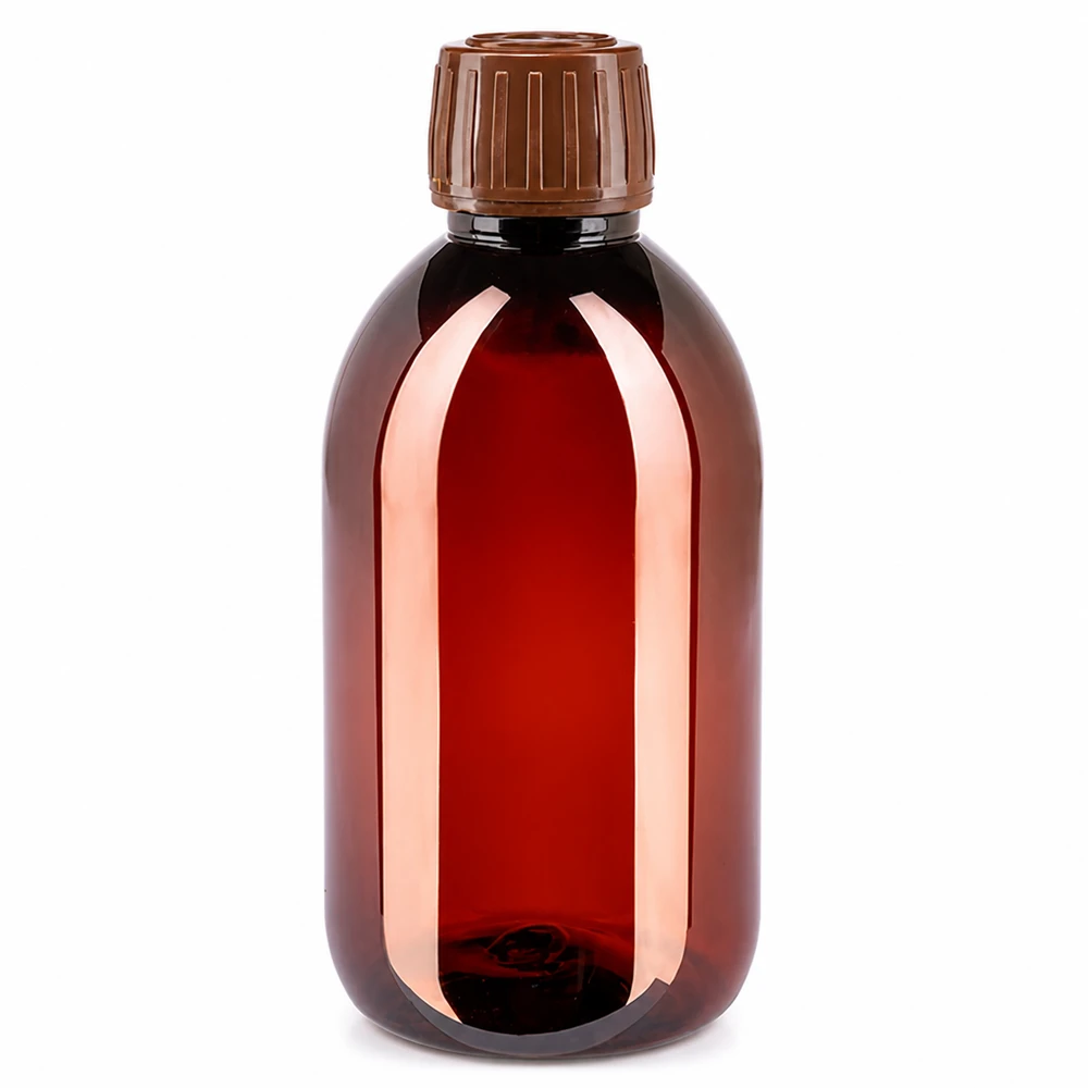 Bouteille PET 250ml avec bouchon marron,bouchon d'inviolabilité Braune 250ml PET Rundflasche mit Originalitätsverschluss ideal für Sirup und Lösungen