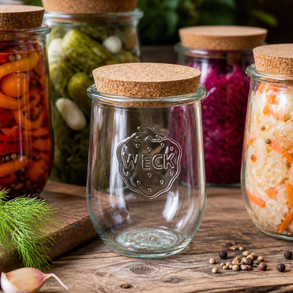 WECK RR100 Pot tulipe 1062ml avec bouchon entre des bocaux de fermentation colorés Légumes marinés sur table en bois