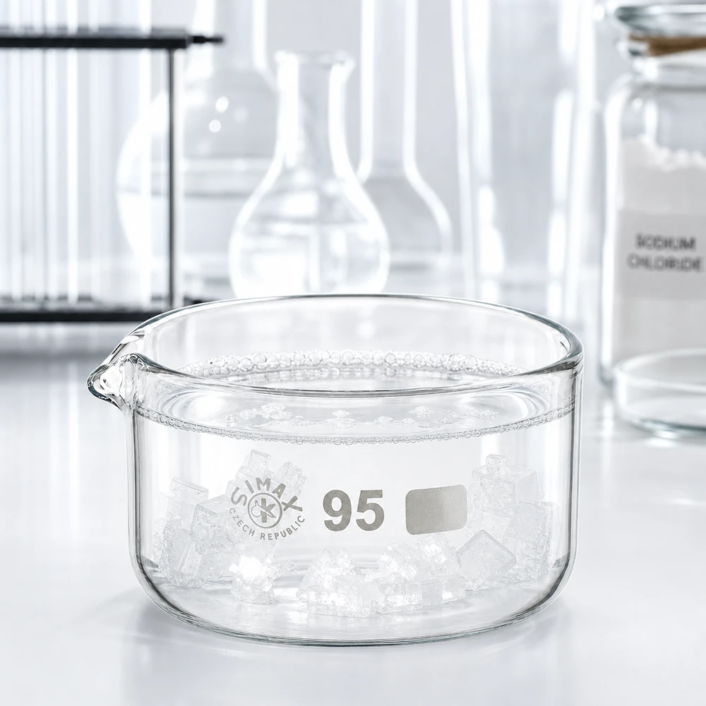 Bol de cristallisation transparent SIMAX de 95 mm avec cristaux visibles et bec verseur