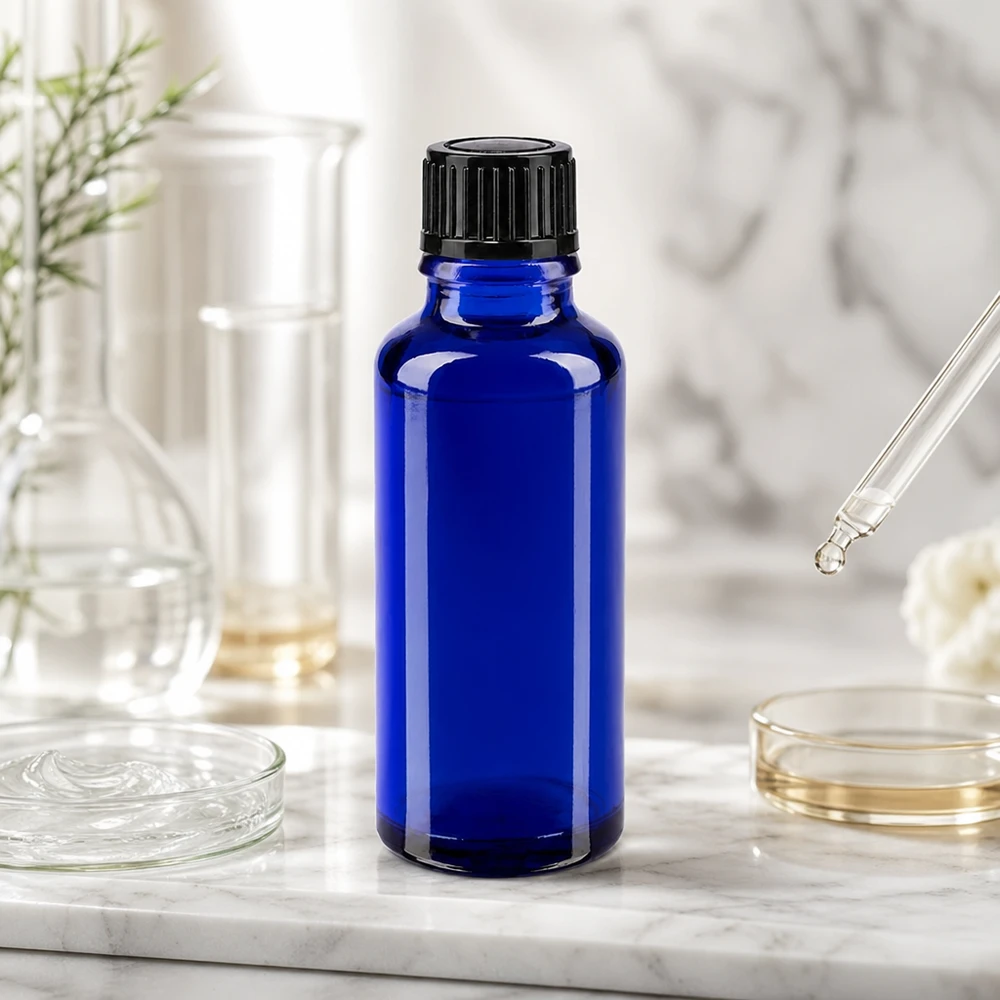 Flacon à pharmacie bleu 30ml bouchon compte-gouttes 1mm noir std Flacon en verre STD bleu de 30 ml avec compte-gouttes de précision de 1 mm et bouchon noir, destiné à un usage en laboratoire