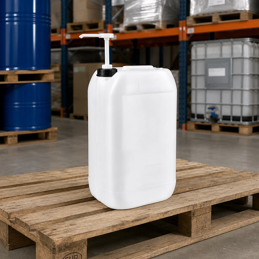 Bidon industriel blanc de 15 litres avec pompe-distributeur, sur une palette Europe, dans l'entrepôt principal