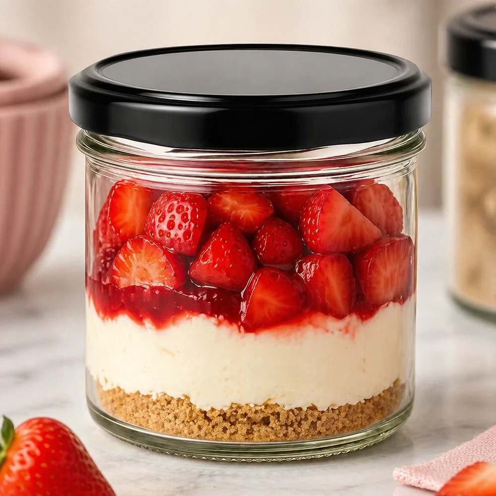 Verre renversé de 125 ml avec couvercle BasicSeal noir comme verre à dessert avec fraises crème et fond de biscuit Cheesecake