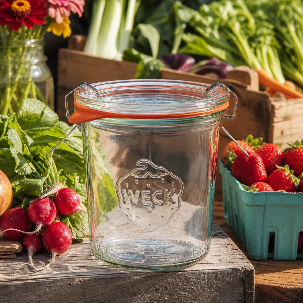 WECK 160ml pot renversé RR60 vide avec fermeture à étrier entre des fruits et légumes frais sur une table en bois rustique