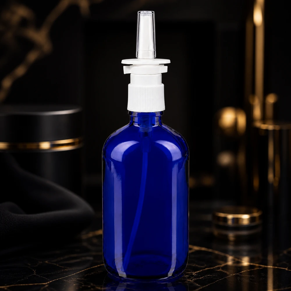 Flacon de pharmacie bleu 100ml vaporisateur nasal blanc standard Flacon de pharmacie bleu cobalt de 100 ml muni d'un embout de spray nasal, sur fond de marbre noir