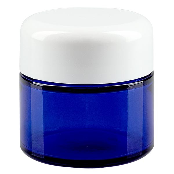 Pot en verre 50ml bleu royal, avec couvercle blanc