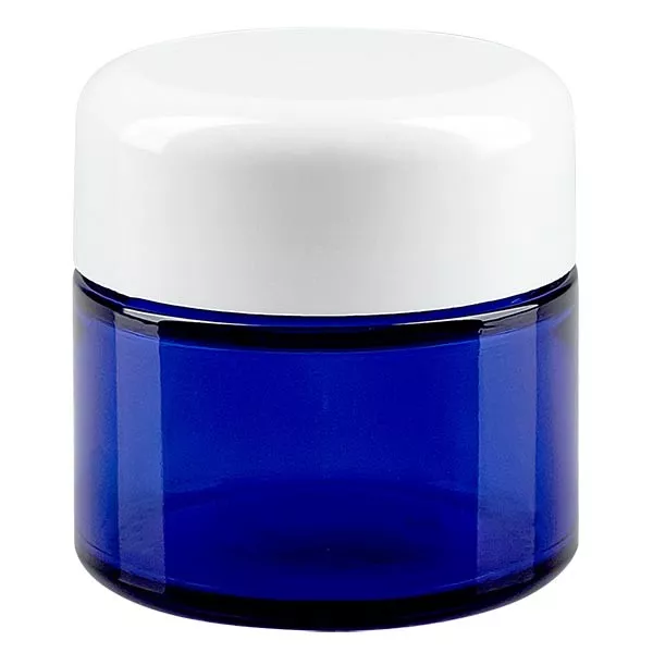 Pot en verre 50ml bleu royal, avec couvercle blanc