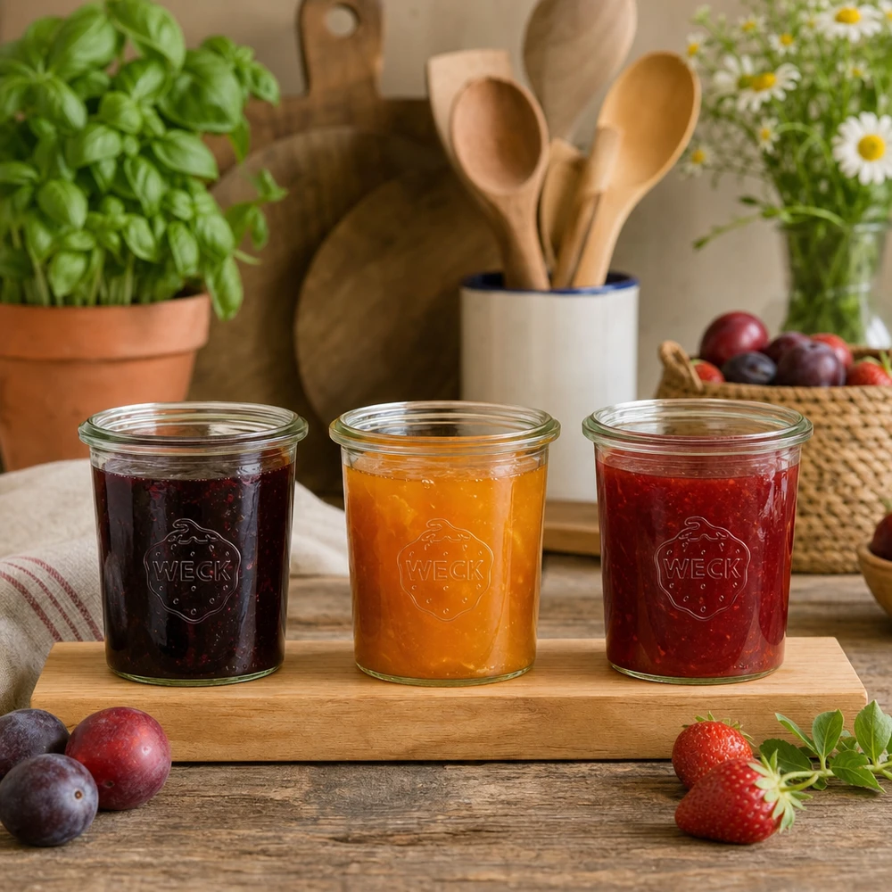 Plateau de service Plano3 avec 3 bocaux Weck de 160 ml Pots Weck 160ml sur planche à servir en bois remplis de confitures colorées dans une cuisine rustique