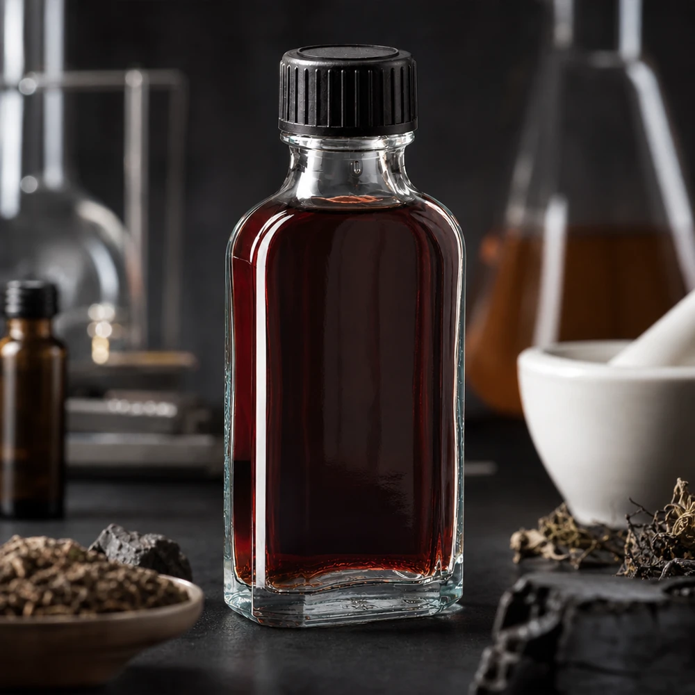 Flacon en verre transparent Meplat de 50 ml avec bouchon à vis noir, entouré d'herbes et de récipients en verre