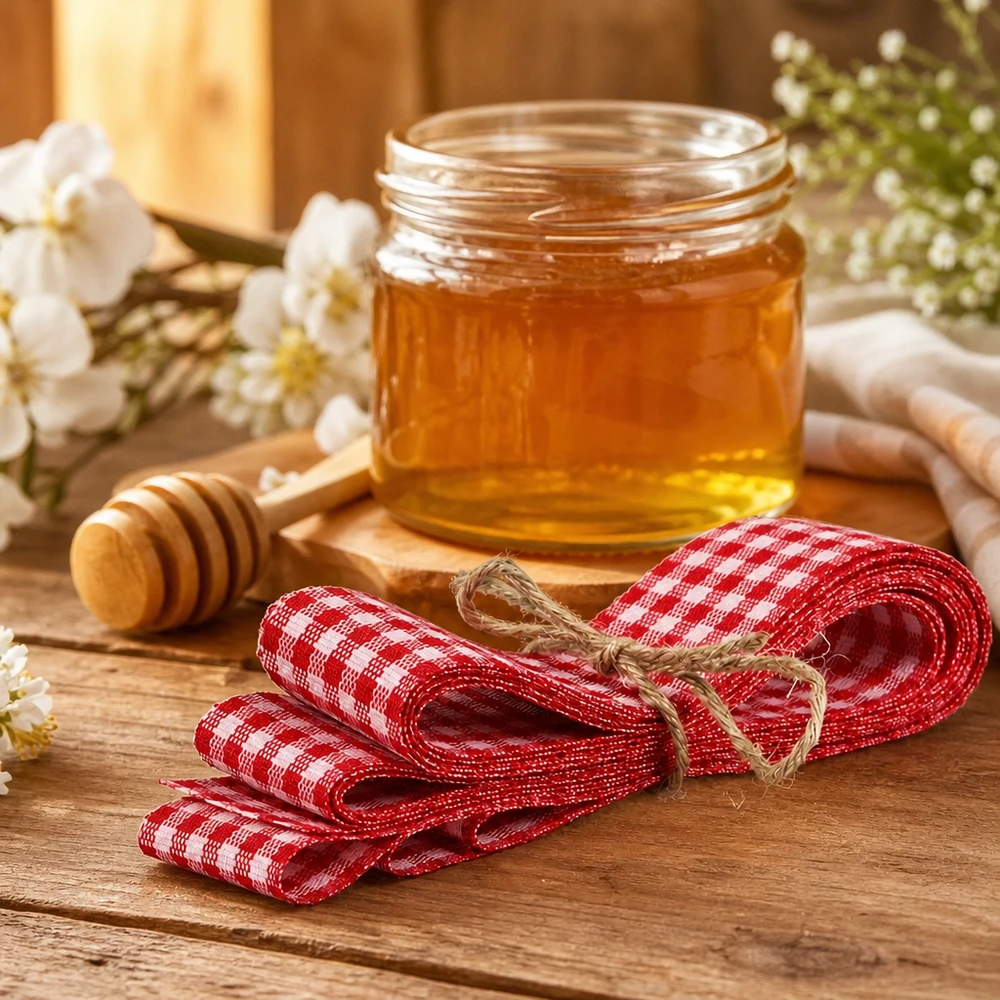 Bande de tissu à carreaux rouge et blanc 300cm avec corde de jute sur table en bois à côté d'un pot de miel et d'une cuillère en bois dans une cuisine chaude