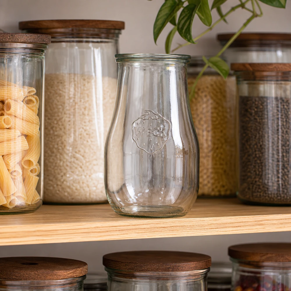 WECK Pot tulipe 2700ml vide avec couvercle en verre entre des bocaux à provisions remplis sur une étagère en bois dans une cuisine organisée