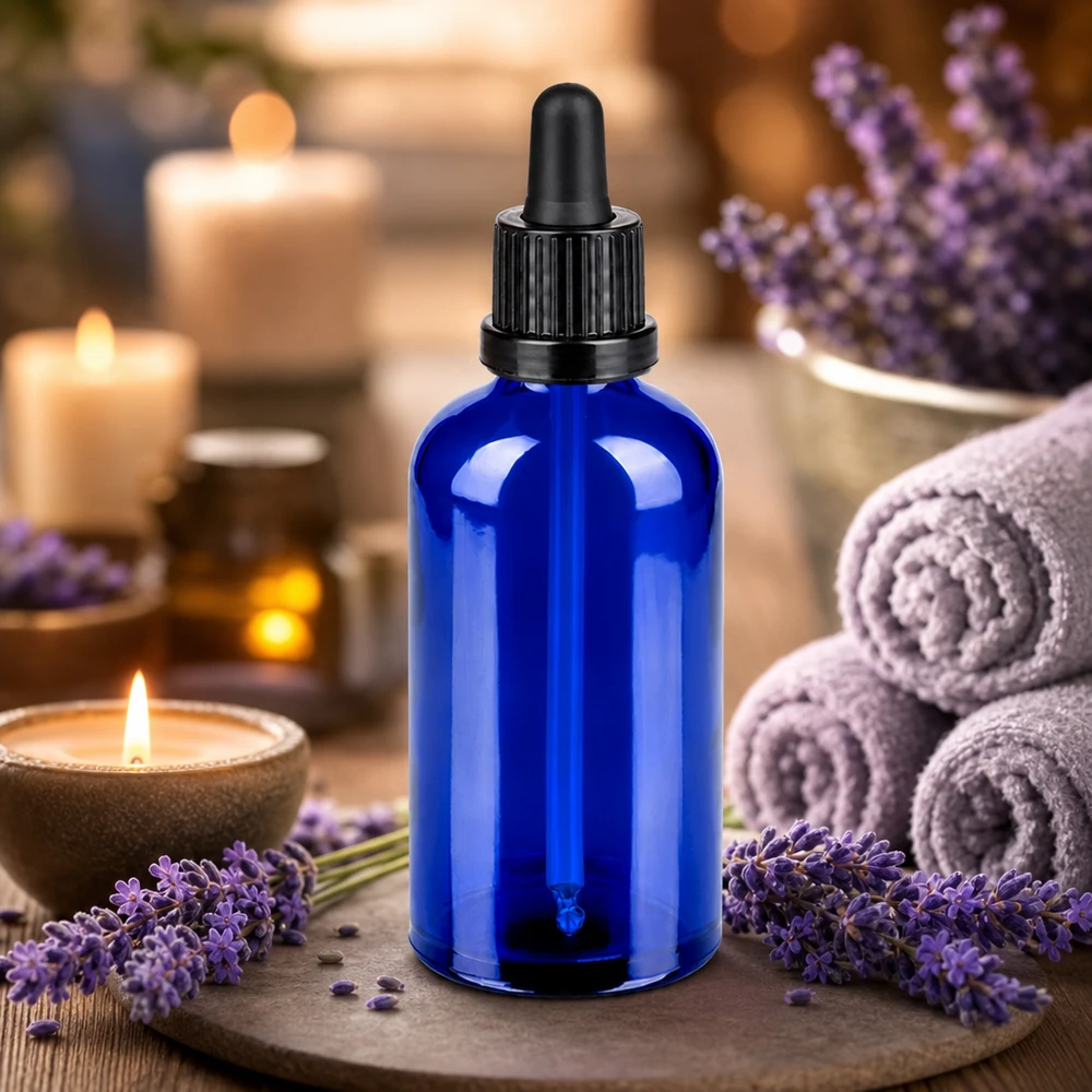 Flacon à pipette 100ml noir OV BlueLine UT18/100 Bouteille en verre anti-UV de 100ml en bleu avec pipette ergonomique noire pour les substances actives