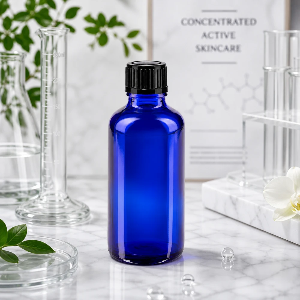 Flacon en verre bleu cobalt de 50 ml pour principes actifs concentrés, avec bouchon à vis noir de 11 mm