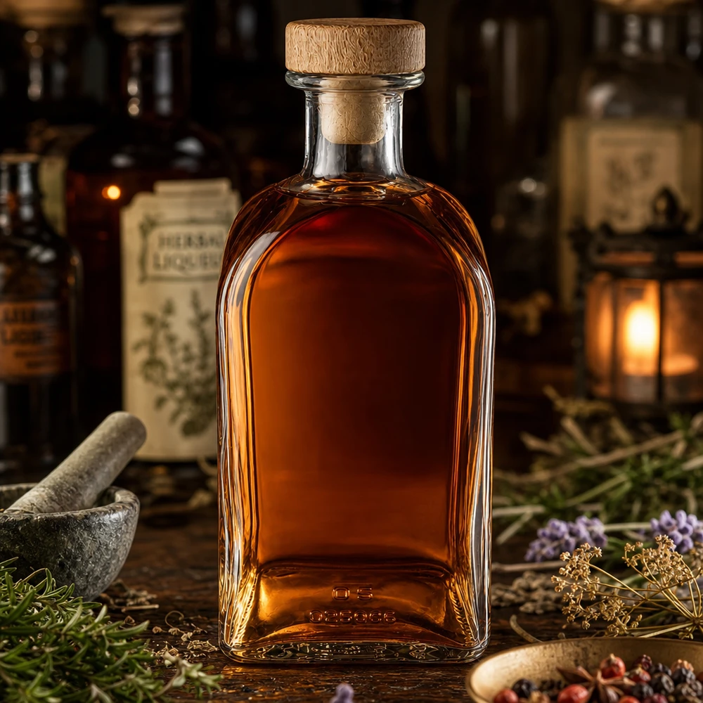 Flacon à pharmacie « Julia » 500 ml avec bouchon en bois UNiTWIST® Bouteille en verre Julia de 500 ml avec bouchon en bois remplie de liqueur aux herbes dans une ancienne pharmacie entre mortier et herbes médicinales
