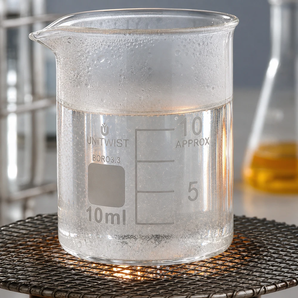 Bécher 10ml borosilicate, forme basse UNiTWIST Verre à bec transparent de 10 ml, de forme basse, présentant de la buée due aux différences de température