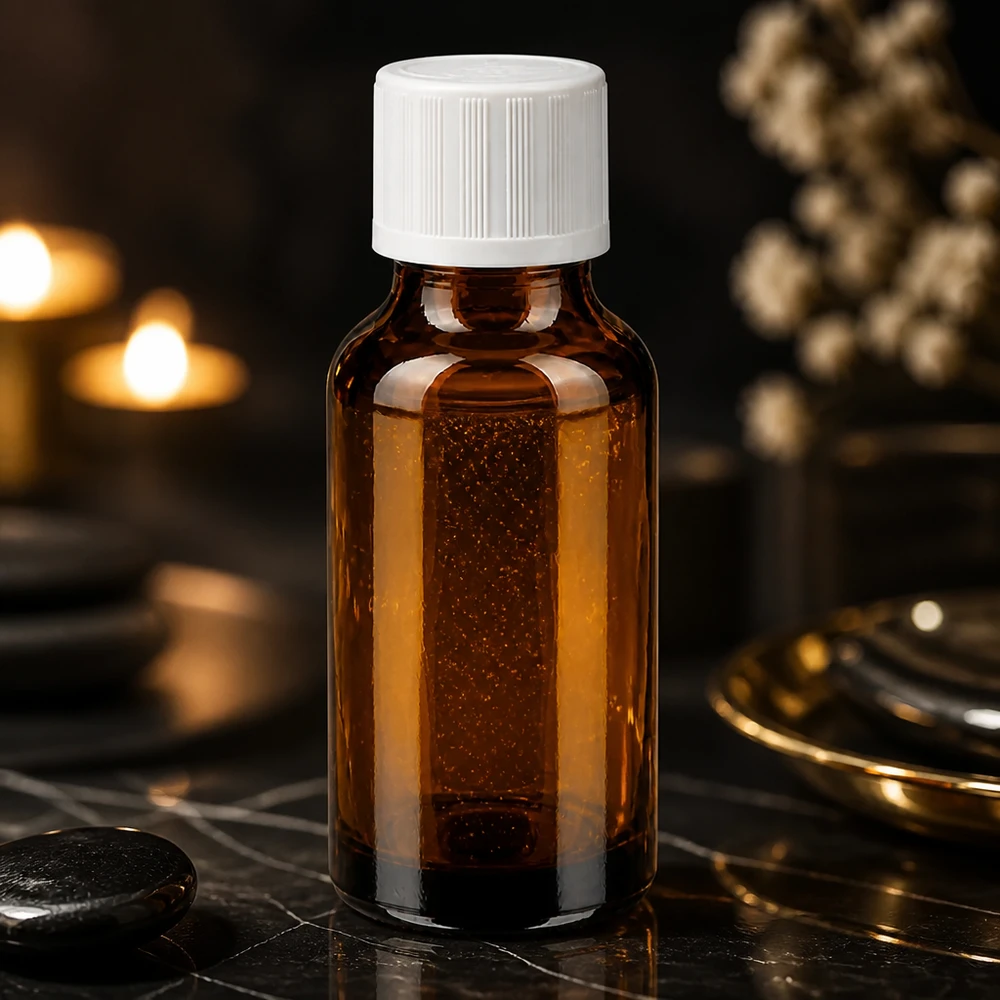 Flacon pharm. brun 20ml, bouchon blanc, sécu. enfant std. Petit flacon compte-gouttes de 20 ml en verre ambré avec bouchon KiSi, dans une ambiance spa élégante