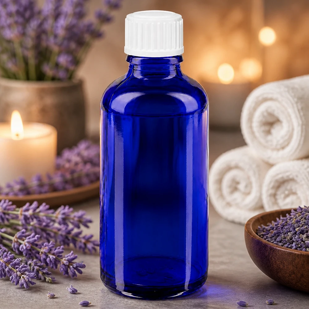 Flacon de pharmacie bleu cobalt de 50 ml en verre borosilicaté, avec un bec verseur de 0,9 mm et un bouchon blanc