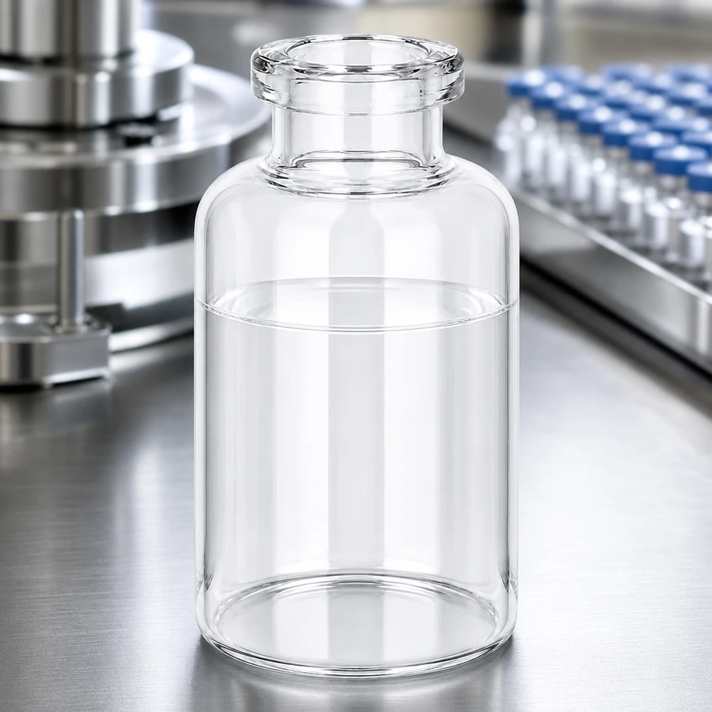 Flacon pour solution injectable, 30 ml en verre clair Medizinische Injektionsflasche Klarglas 30ml neben befüllten Blaukapsel-Vials in Produktionsanlage