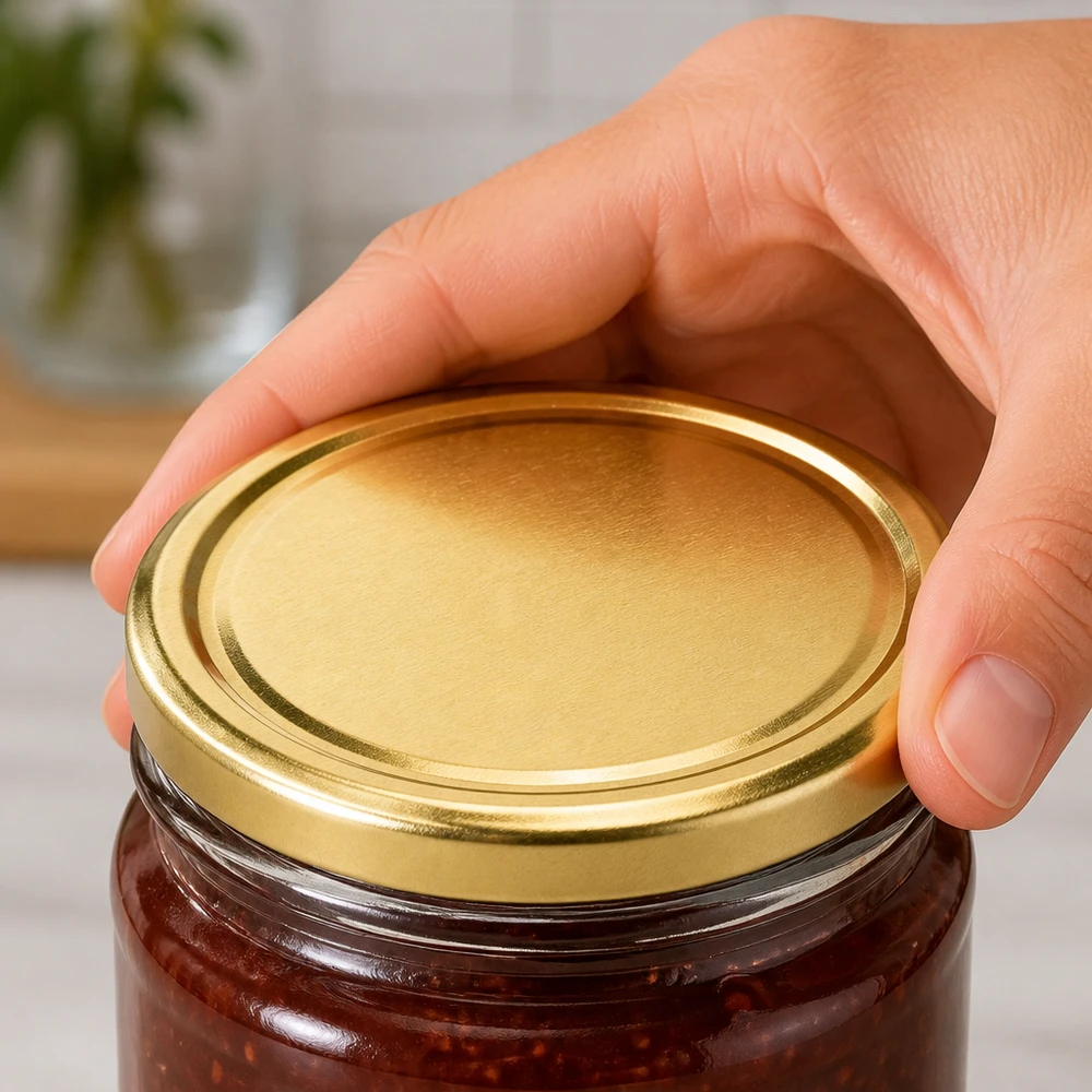 Un bocal contenant une confiture de fruits rouges est fermé à l'aide d'un couvercle BasicSeal TO100 doré.
