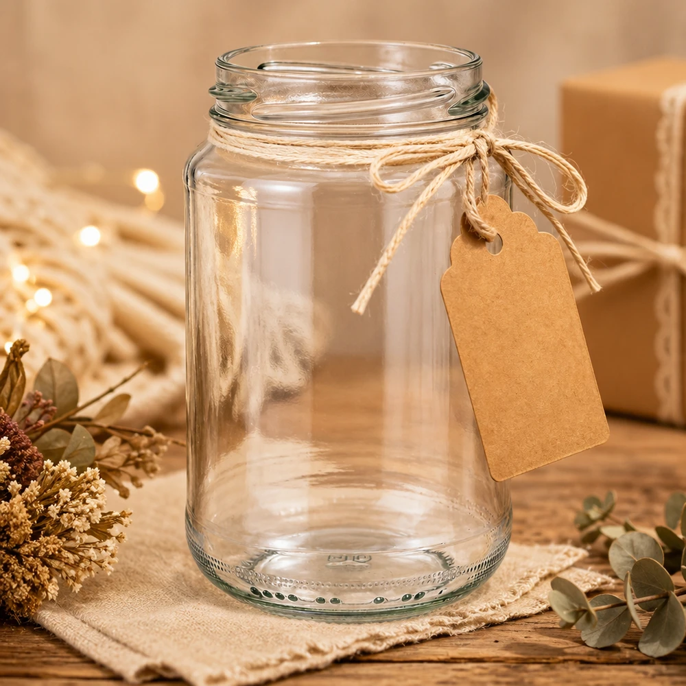375ml Verre rond sans couvercle (TO63) UNiTWIST UNiTWIST Runda375 Verre rond 375ml TO63 avec pendentif en papier kraft comme emballage cadeau dans une scène décorative rustique