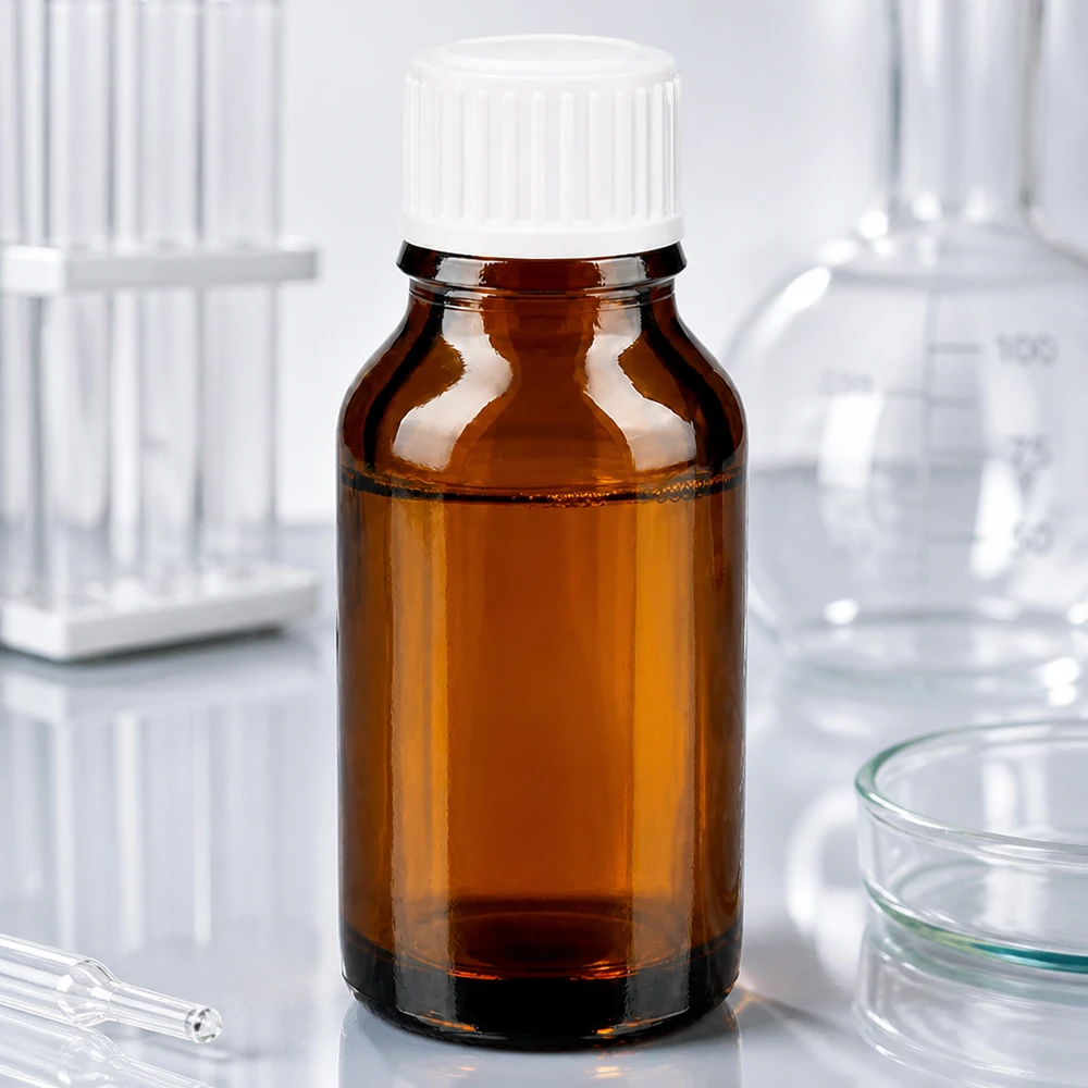 Flacon de pharmacie en verre ambré de 30 ml, avec protection contre les UV, muni d'un bouchon blanc SV STD