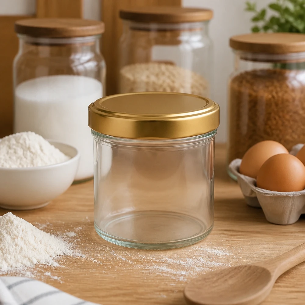 Pot cylindrique de 230ml avec couvercle doré BasicSeal dans un environnement de cuisine avec de la farine des œufs et des bocaux de stockage Accessoires de cuisson