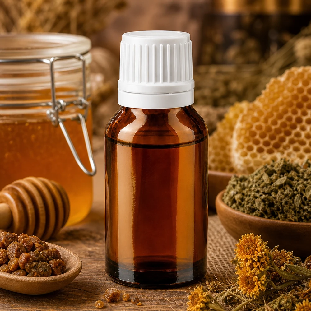Flacon de pharmacie brun 30ml bouchon à vis blanc bouchon inviolabilité Petit flacon de pharmacie en verre ambré de 30 ml contenant des produits naturels tels que la propolis et la cire d'abeille