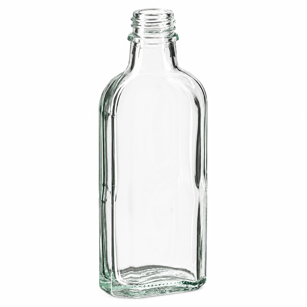 Flasque transparente de 100 ml au goulot DIN 22 Bouteille en verre transparent de 100 ml, col plat, avec bouchon à vis DIN22