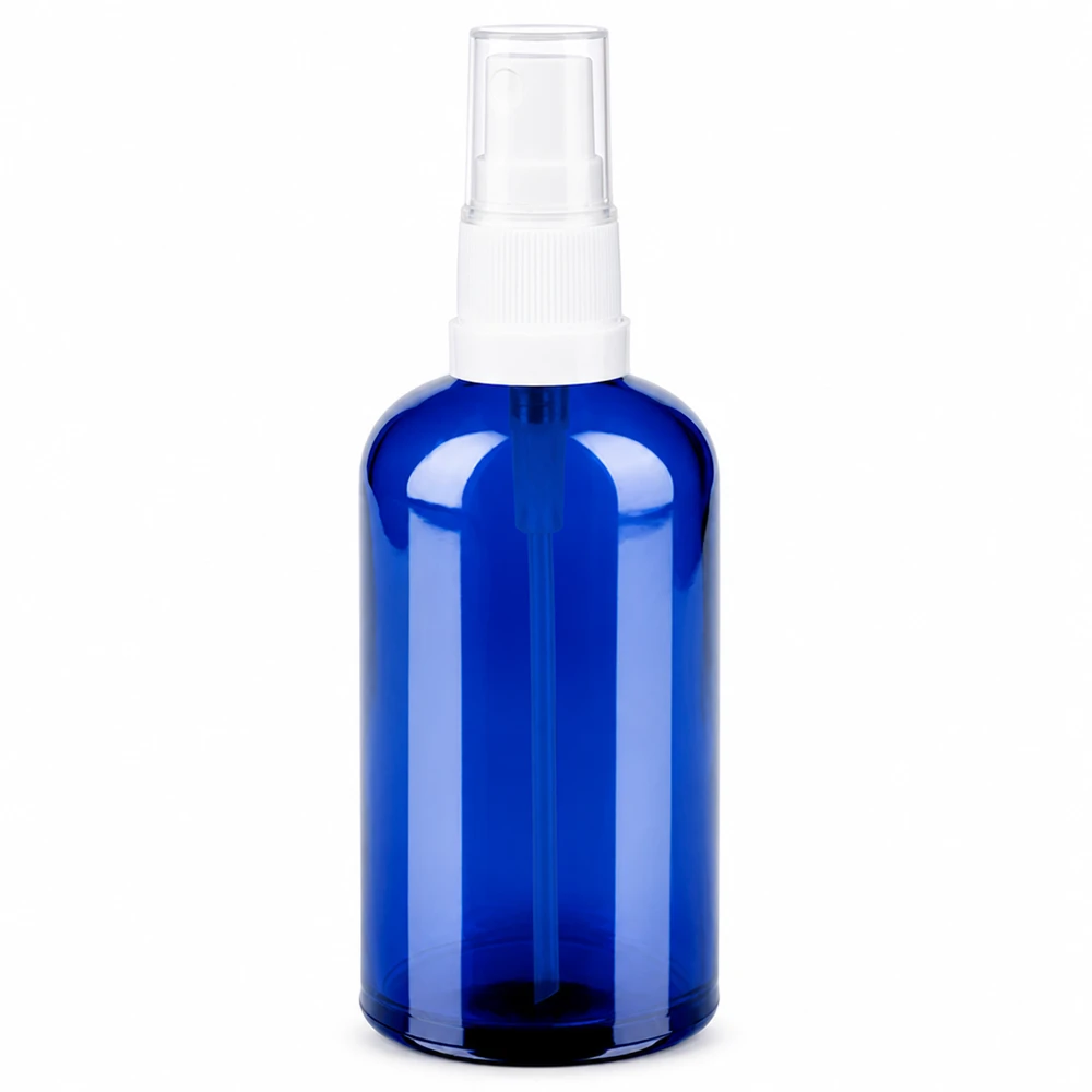 100ml spray blanc/tr. STD BlueLine UT18/100 Bouteille en verre bleu de 100 ml avec tête de pulvérisation blanche pour les cosmétiques et l'aromathérapie