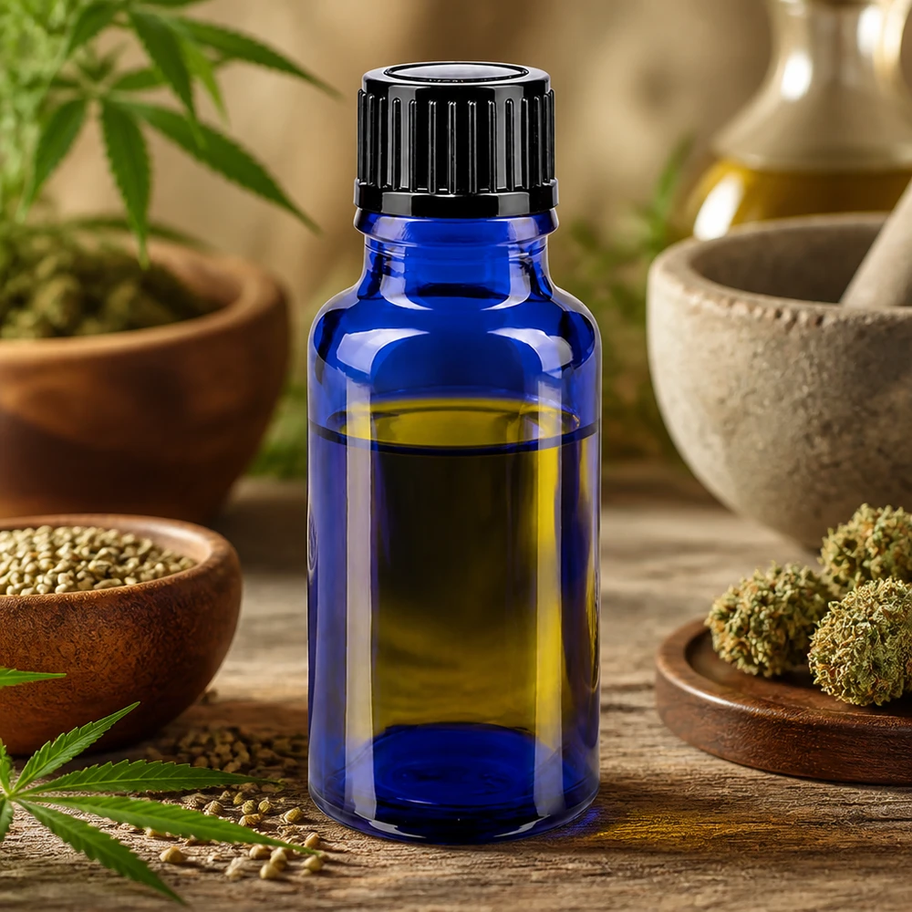 Flacon compte-gouttes bleu cobalt de 20 ml STD avec bouchon noir à sécurité enfant, en verre de pharmacie
