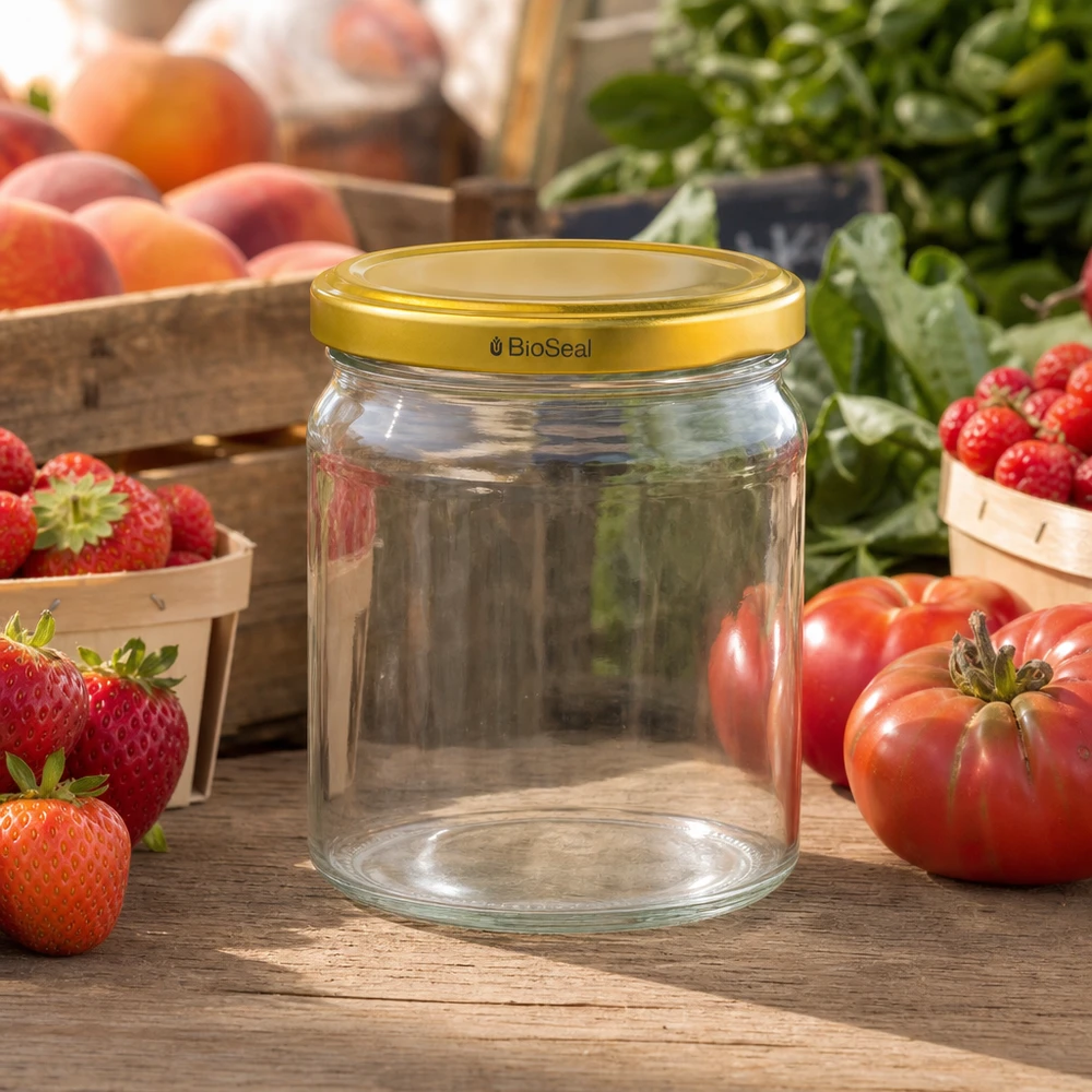 408ml Verre rond avec couvercle BioSeal or UNiTWIST UNiTWIST Runda408 Pot de conserve vide avec couvercle BioSeal doré entre des fraises et des tomates fraîches sur une table en bois