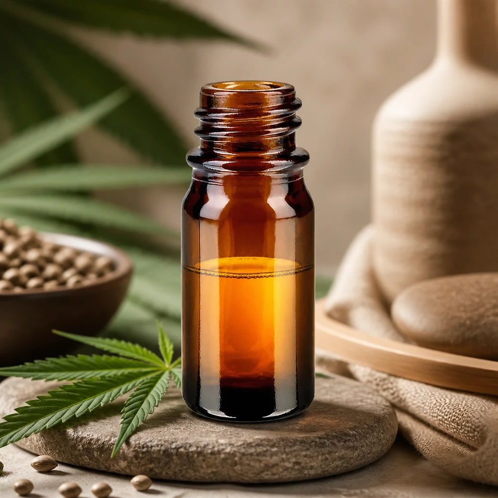 Flacon de médecine compte-gouttes 5ml brun DIN18 Bouteille de pharmacie brune de 5ml ApoGlas avec feuille de cannabis graines de chanvre et décoration en bambou pour l'huile CBD